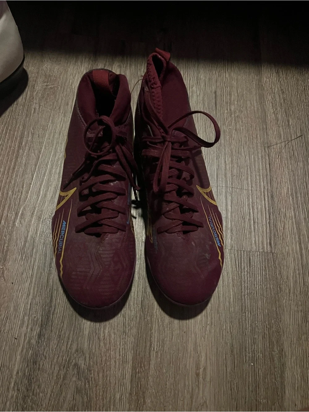Nike Girl’s Maroon Mercurial Soccer Cleats with Gold & Blue Accents